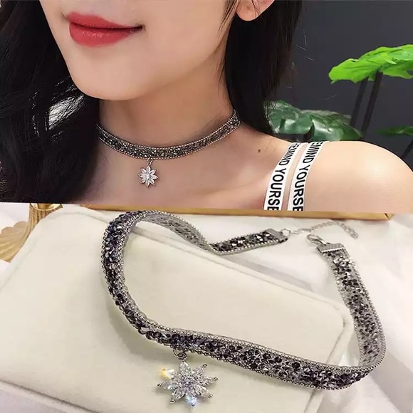 Women Crystal Flower Pendant Choker - Picture 2 of 6